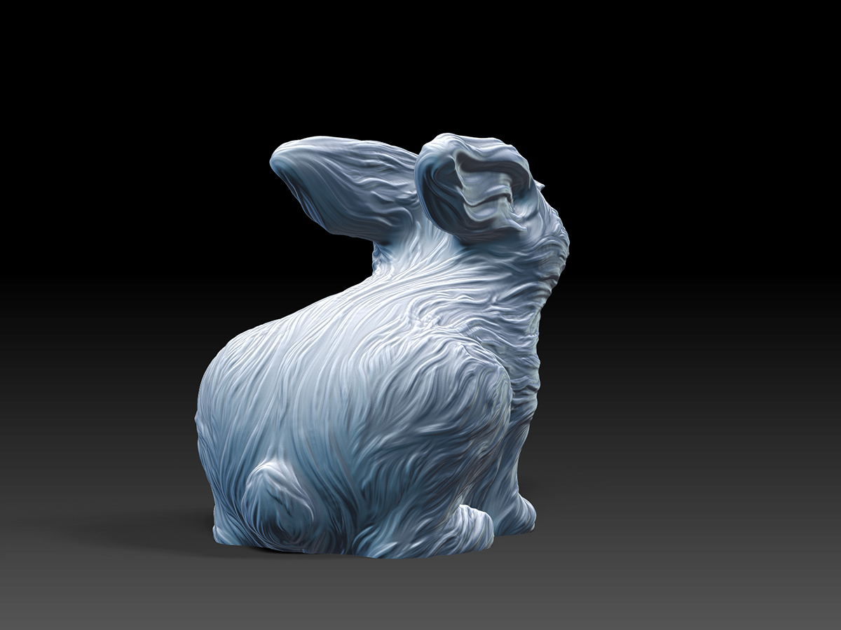 Rabbit digital sculpture in neutral material, emphasizing form, silhouette, and refined surface movement